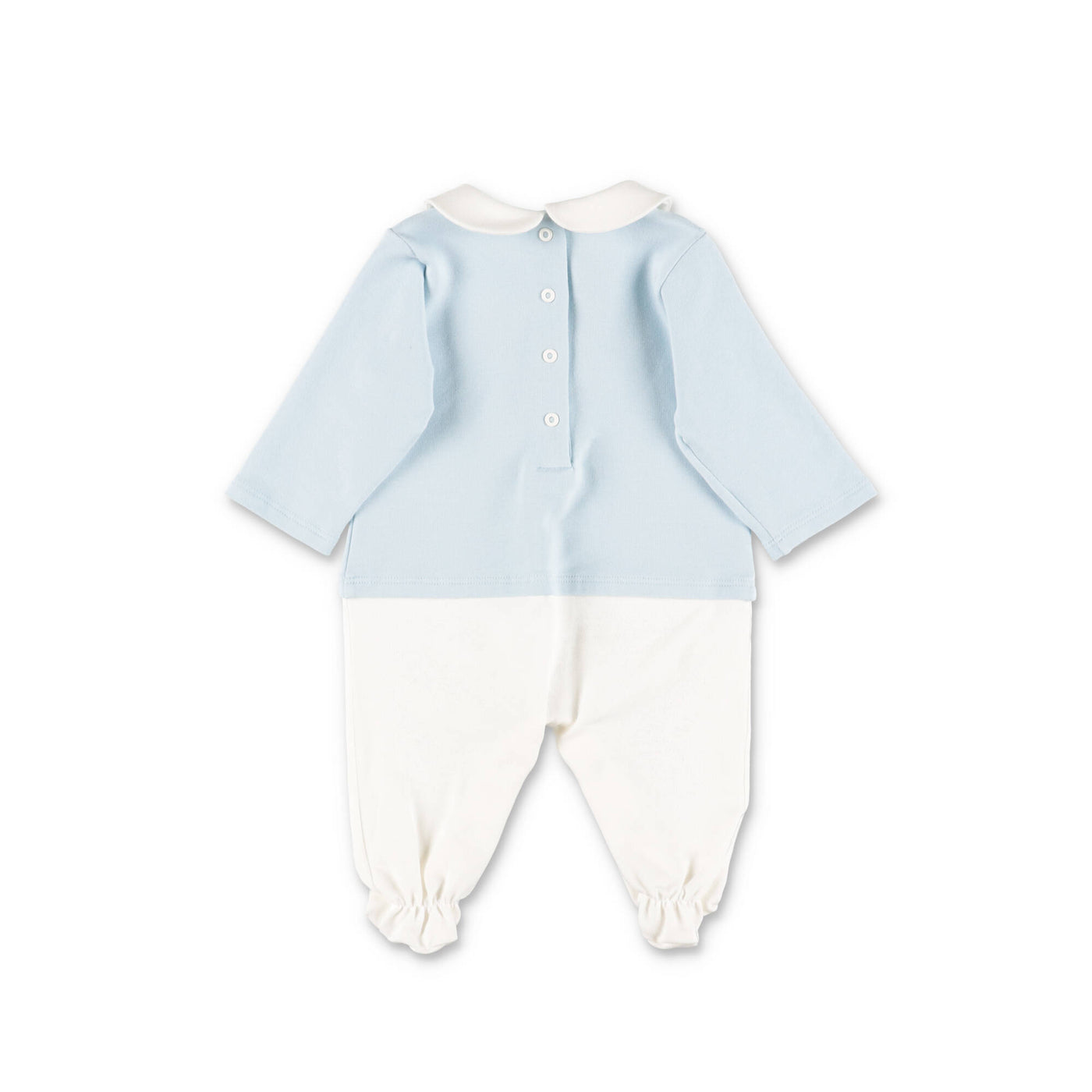 Light blue contrasting panels cotton jersey baby boy FENDI set with romper hat and bib | Carofiglio Junior