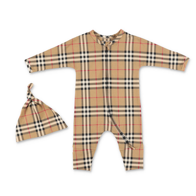 CLAUDE vintage check cotton baby boy BURBERRY set with romper and hat