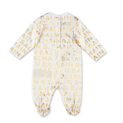 White and gold cotton jersey baby girl BALMAIN set with romper hat and bib