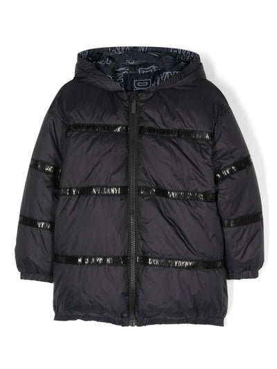 Reversible nylon boy DKNY long padded jacket with hood | Carofiglio Junior