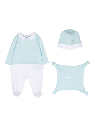 White and light blue cotton jersey baby boy BALMAIN set with romper and hat