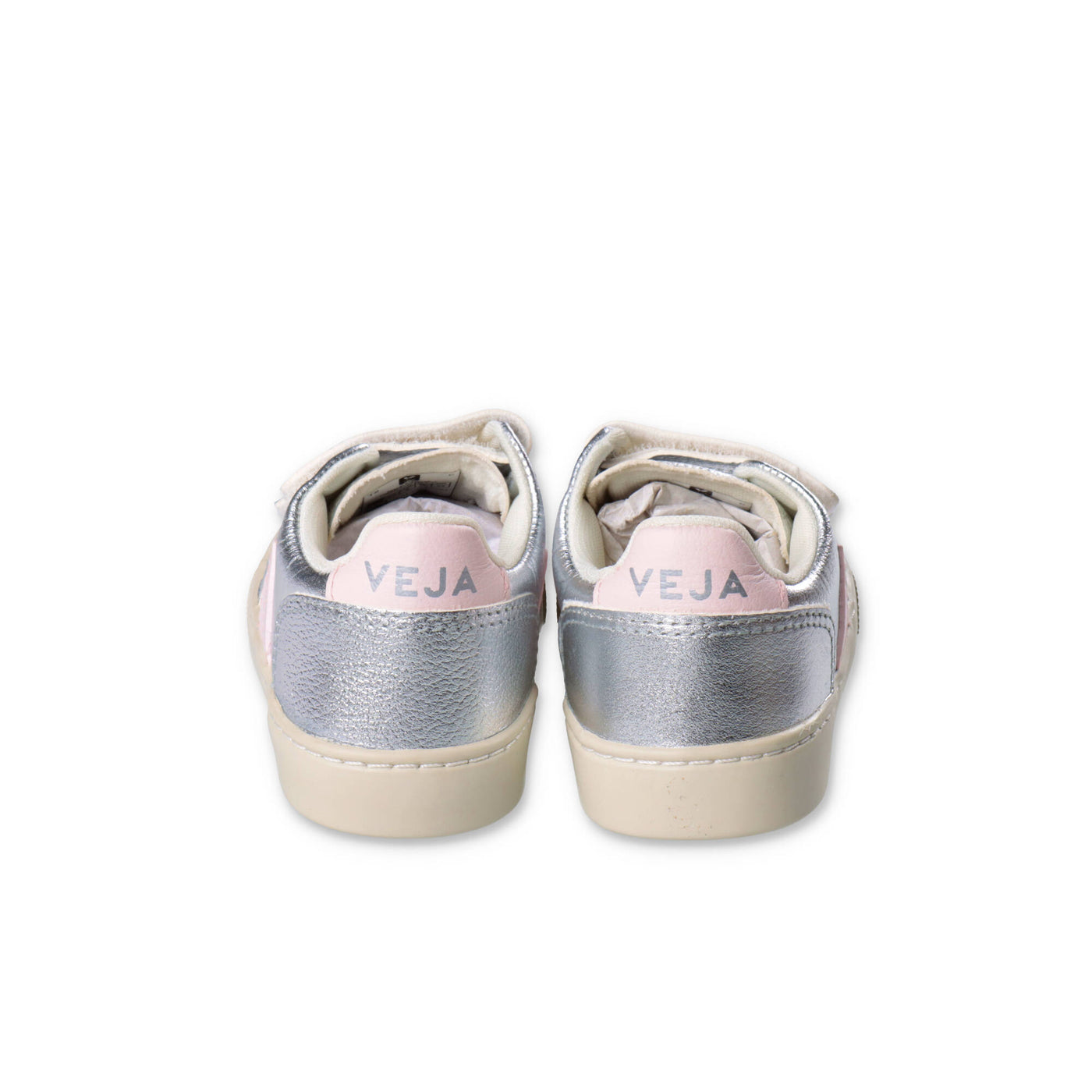 Silver faux leather baby girl VEJA sneakers with velcro