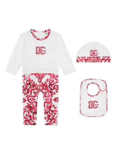 White with contrasting panel cotton jersey onesie bib and hat baby girl DOLCE & GABBANA set | Carofiglio Junior