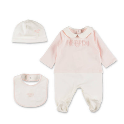Pink contrasting panels cotton jersey baby girl FENDI set with romper hat and bib | Carofiglio Junior