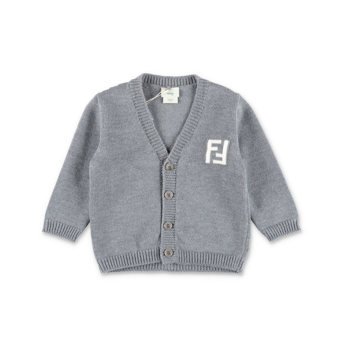 Grey virgin wool baby boy FENDI knit cardigan | Carofiglio Junior