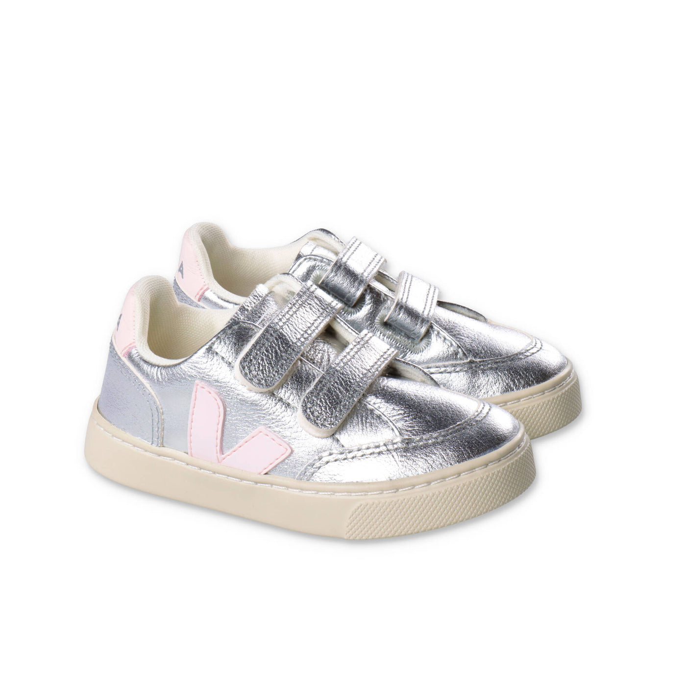 Silver faux leather baby girl VEJA sneakers with velcro