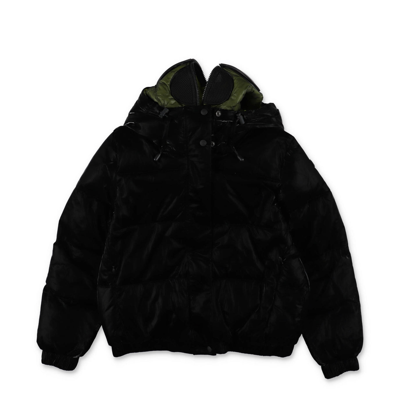 Glossy black nylon boy AI RIDERS ON THE STORM padded jacket with hood | Carofiglio Junior
