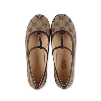 Brown leather contrasting panels girl GUCCI ballerina shoes