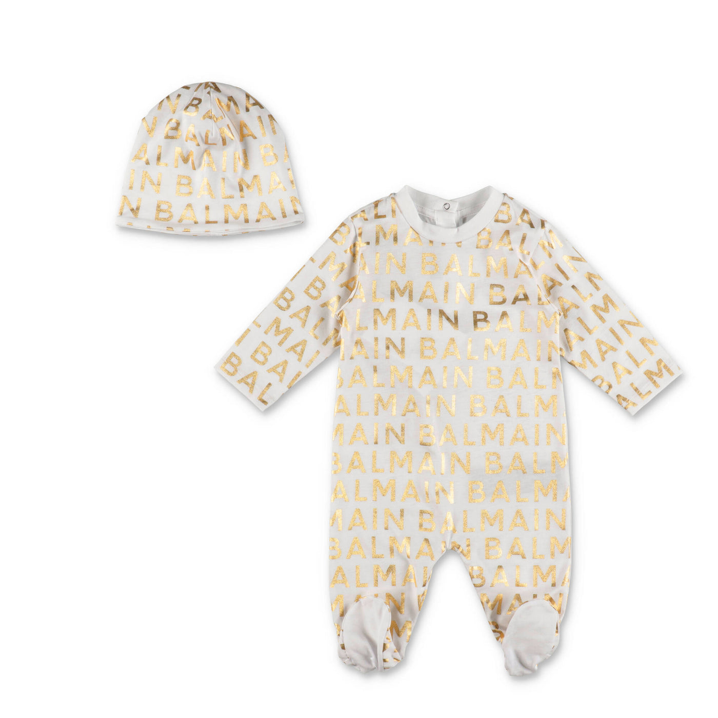 White and gold cotton jersey baby girl BALMAIN set with romper hat and bib | Carofiglio Junior