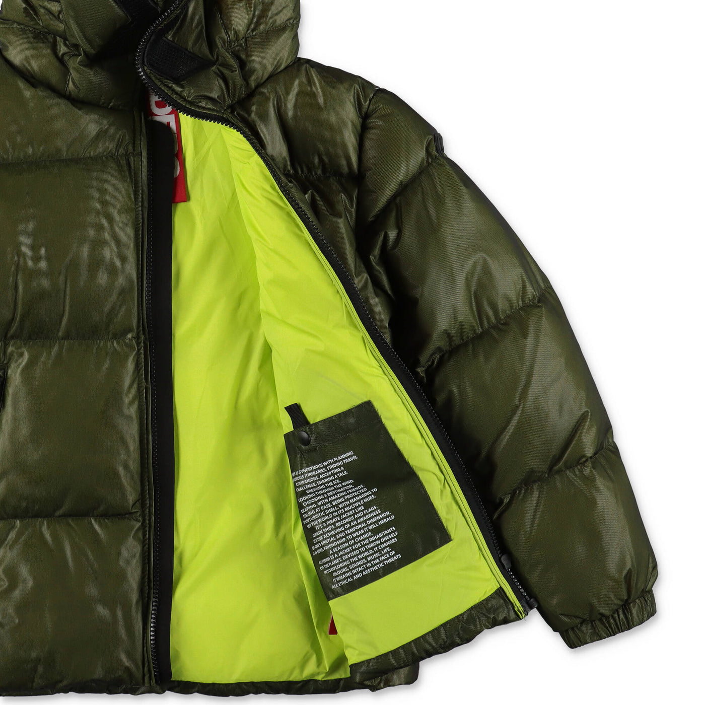 Dark green nylon boy AI RIDERS ON THE STORM down feather jacket with hood | Carofiglio Junior