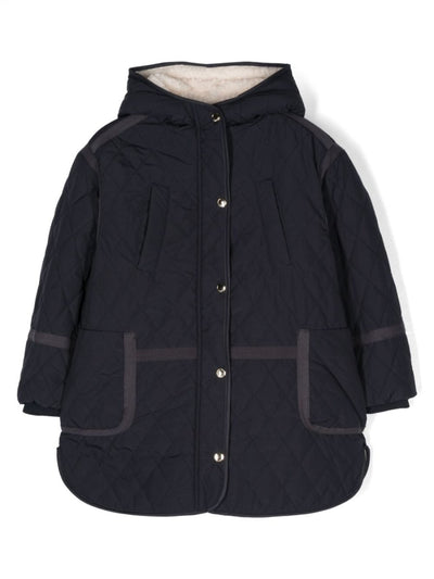 Navy blue nylon girl CHLOE' long padded jacket with hood | Carofiglio Junior